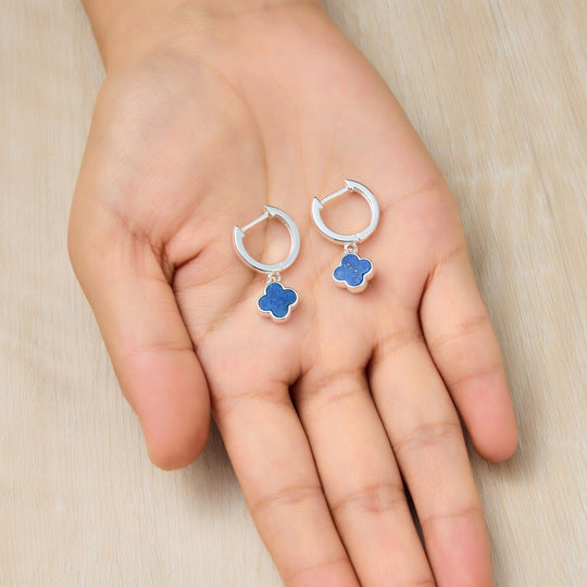 Lapis Gemstone Clover Charm Hoop Earrings - Philip Jones Jewellery