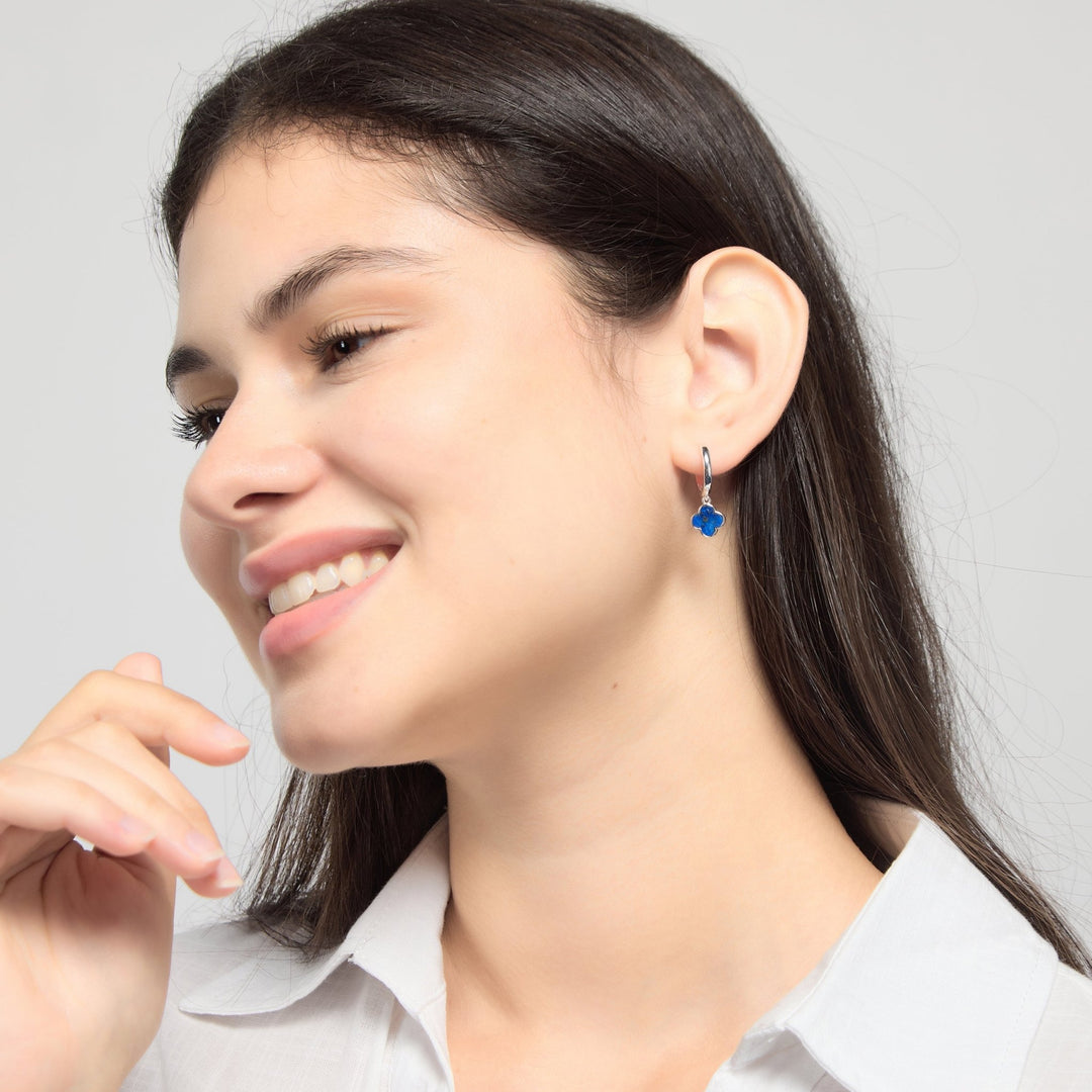 Lapis Gemstone Clover Charm Hoop Earrings
