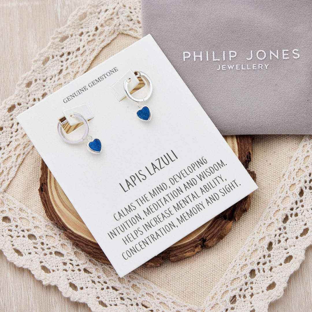 Lapis Gemstone Heart Charm Hoop Earrings with Quote Card - Philip Jones Jewellery