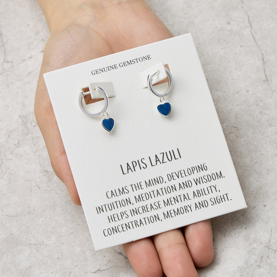Lapis Gemstone Heart Charm Hoop Earrings with Quote Card - Philip Jones Jewellery