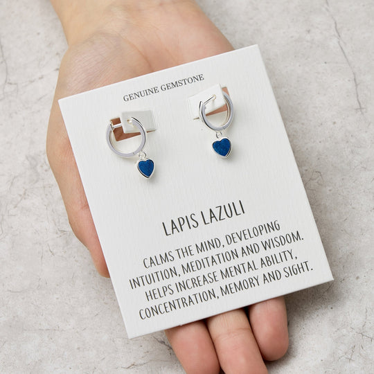 Lapis Gemstone Heart Charm Hoop Earrings with Quote Card - Philip Jones Jewellery