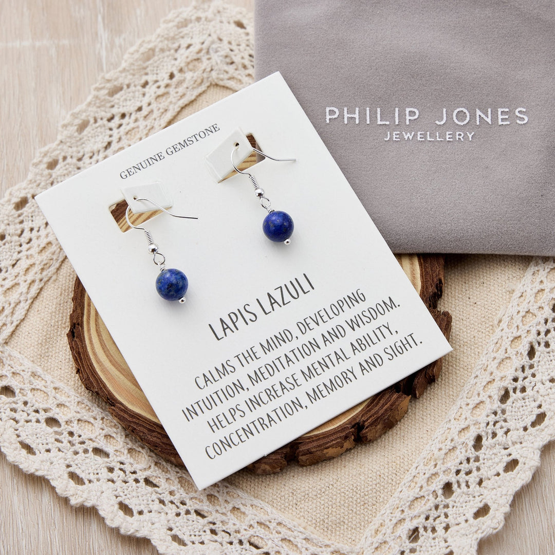 Lapis Gemstone Round Drop Earrings with Quote Card - Philip Jones Jewellery