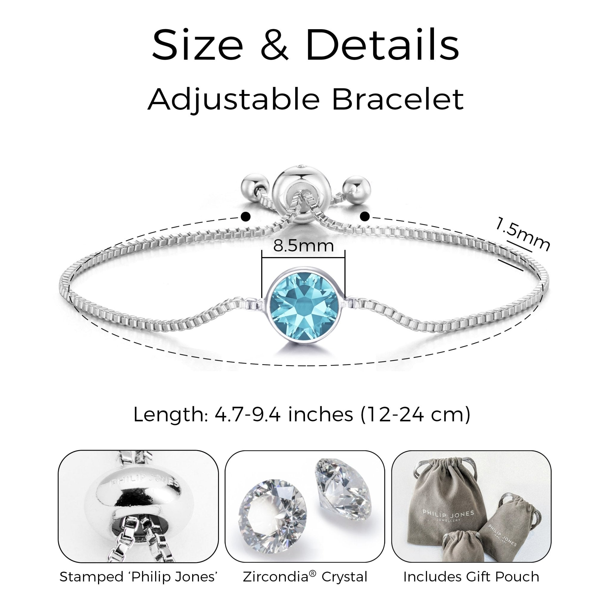 March (Aquamarine) Birthstone Bracelet Created with Zircondia® Crystals - Philip Jones Jewellery