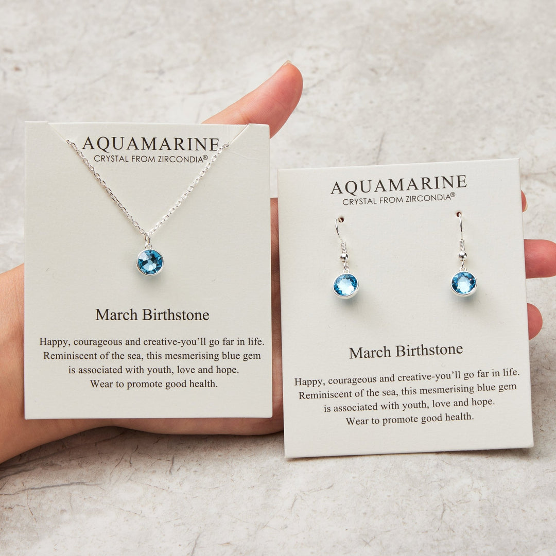 March (Aquamarine) Birthstone Necklace & Drop Earrings Set Created with Zircondia® Crystals - Philip Jones Jewellery
