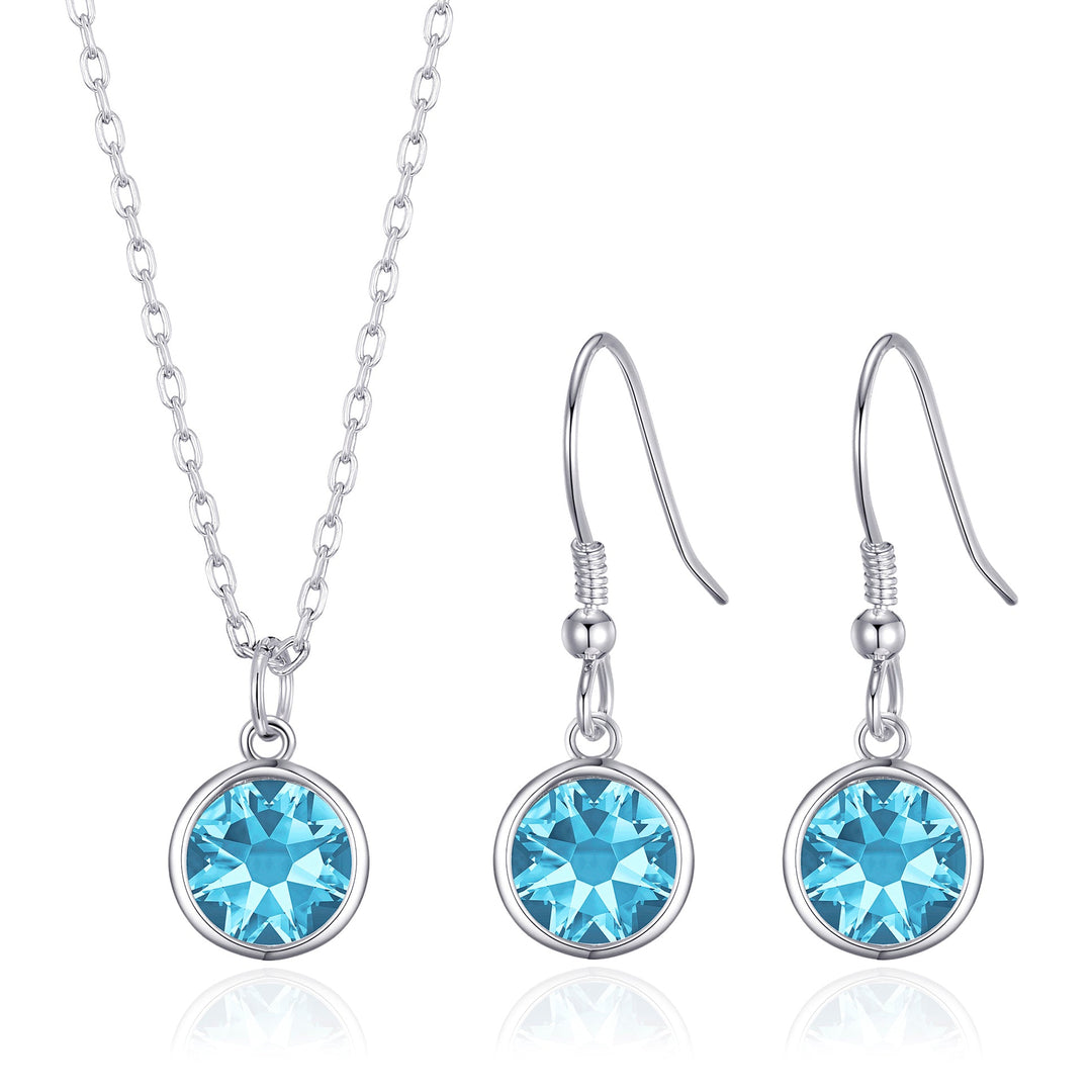 March (Aquamarine) Birthstone Necklace & Drop Earrings Set Created with Zircondia® Crystals - Philip Jones Jewellery