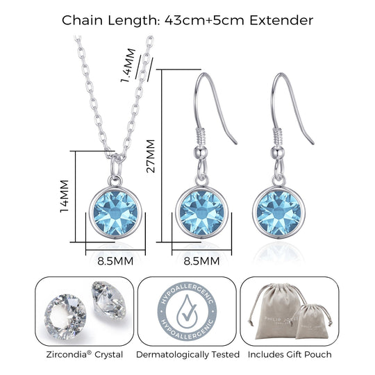 March (Aquamarine) Birthstone Necklace & Drop Earrings Set Created with Zircondia® Crystals - Philip Jones Jewellery