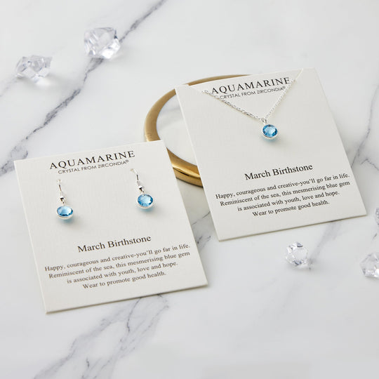 March (Aquamarine) Birthstone Necklace & Drop Earrings Set Created with Zircondia® Crystals - Philip Jones Jewellery
