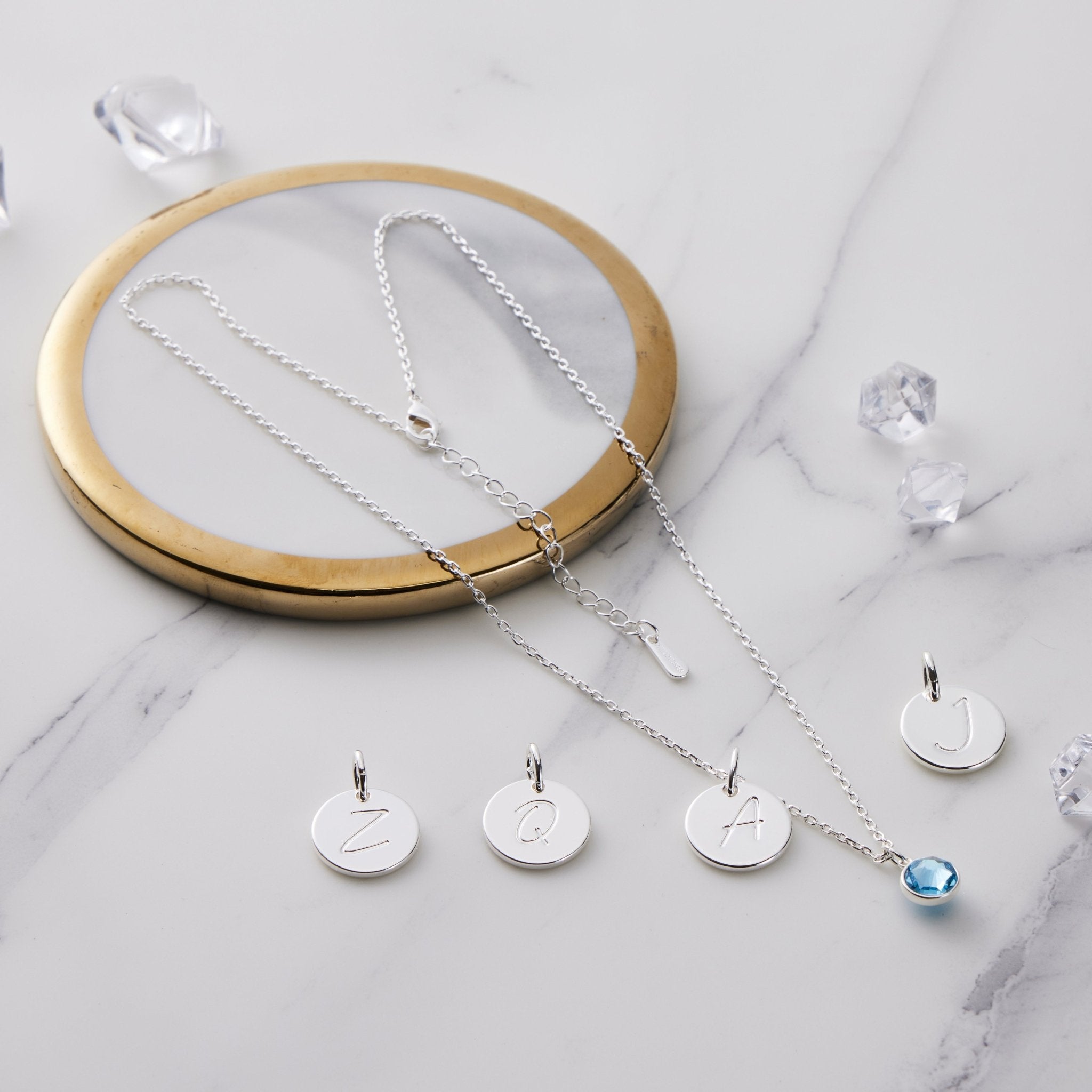 March (Aquamarine) Birthstone Necklace with Initial Charm (A to Z) Created with Zircondia® Crystals - Philip Jones Jewellery