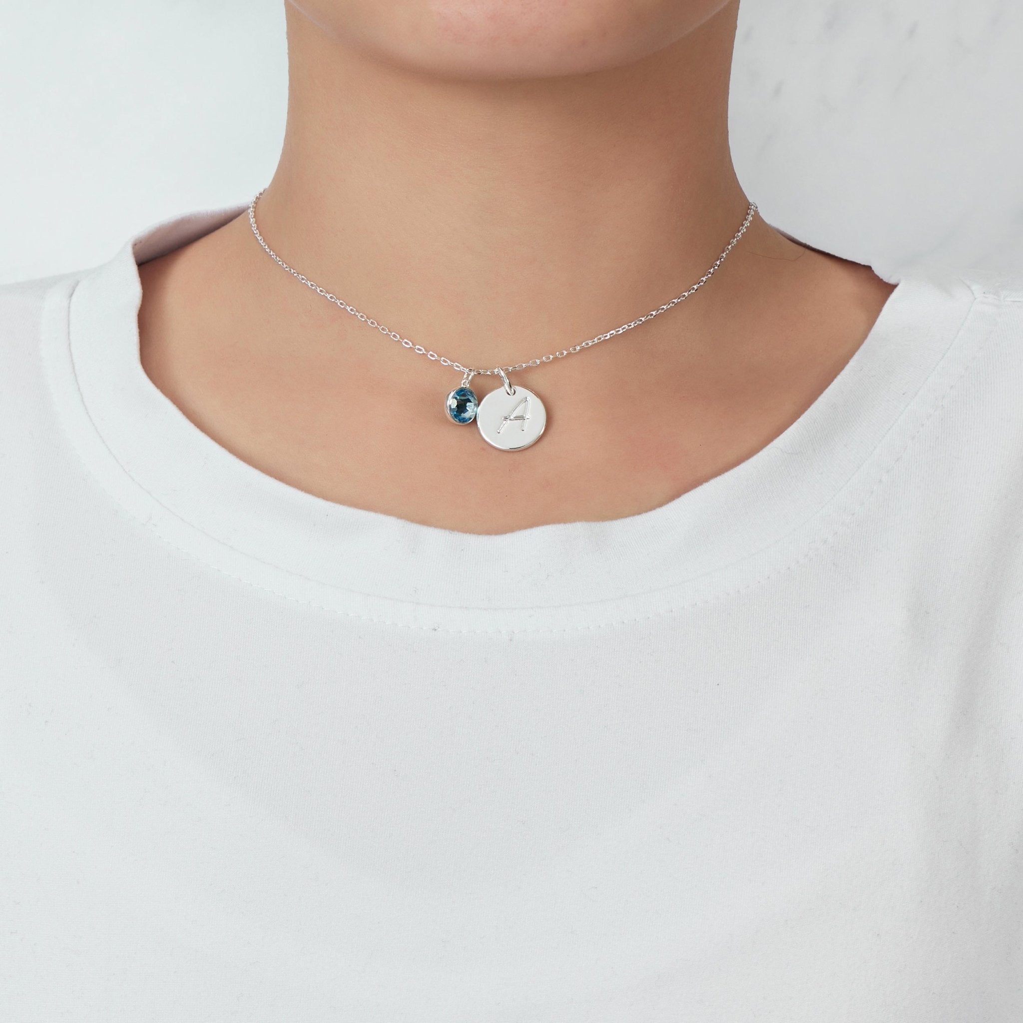 March (Aquamarine) Birthstone Necklace with Initial Charm (A to Z) Created with Zircondia® Crystals - Philip Jones Jewellery