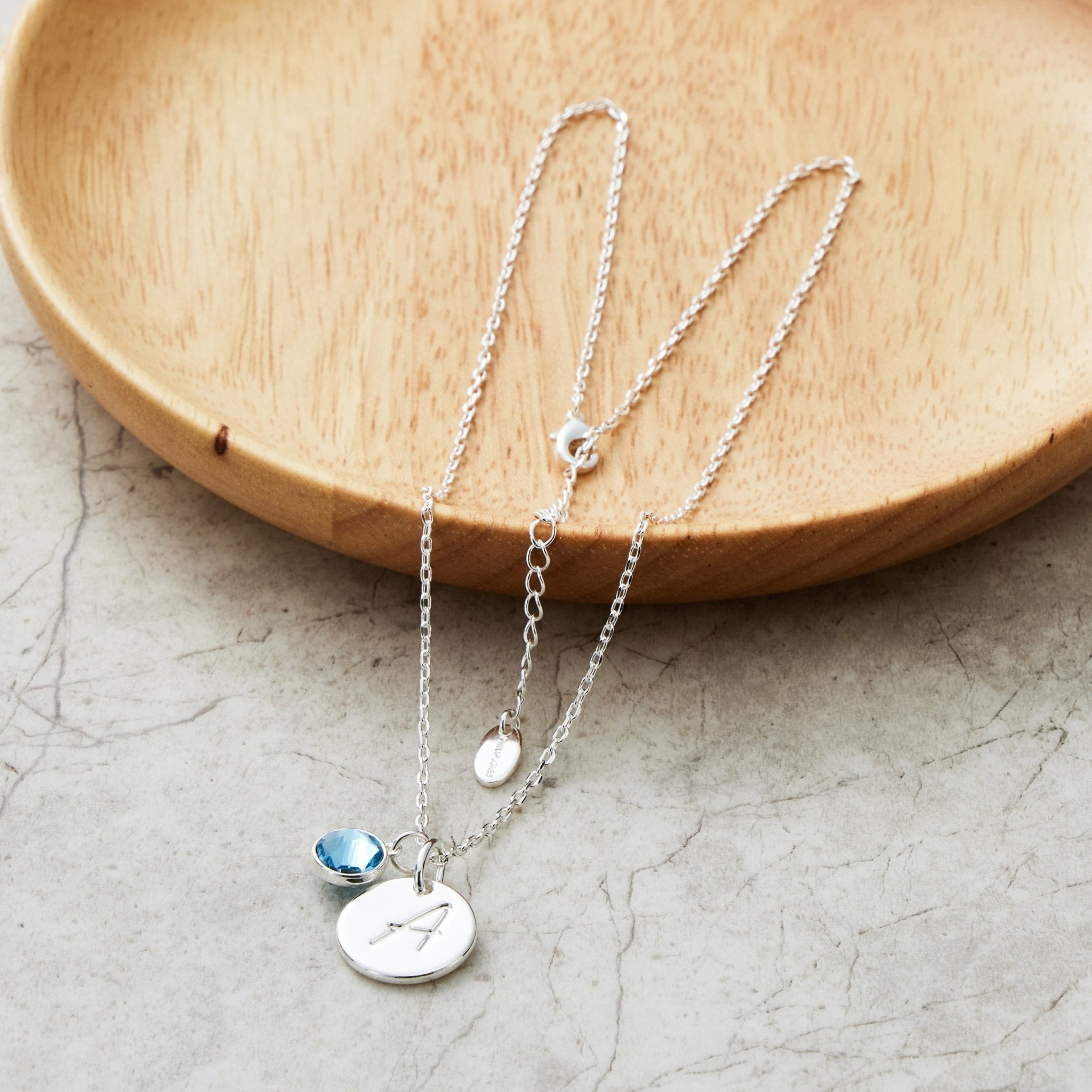 March (Aquamarine) Birthstone Necklace with Initial Charm (A to Z) Created with Zircondia® Crystals - Philip Jones Jewellery