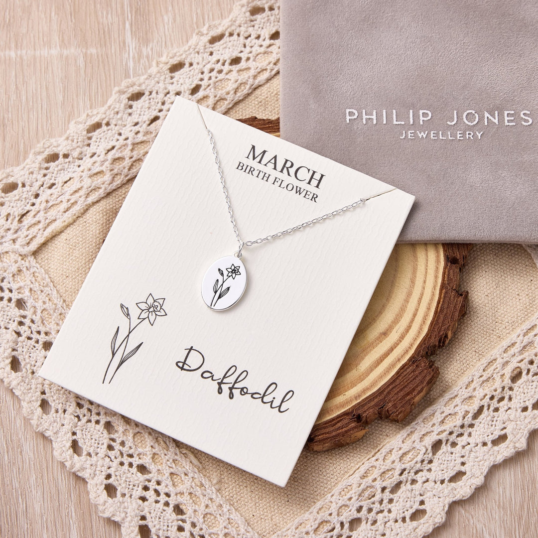 March Birth Flower Daffodil Necklace with Card - Philip Jones Jewellery