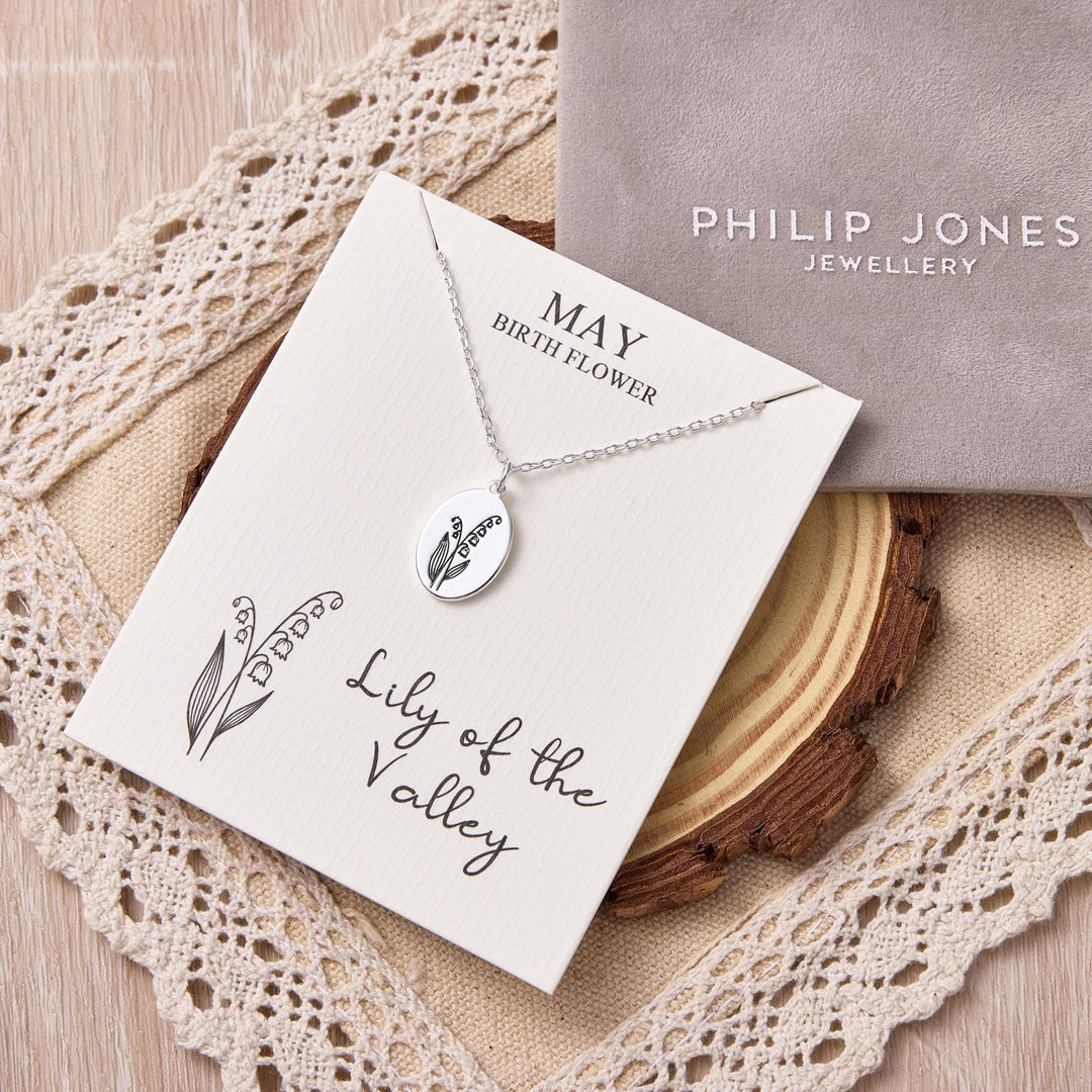 May Birth Flower Lily of the Valley Necklace with Card - Philip Jones Jewellery