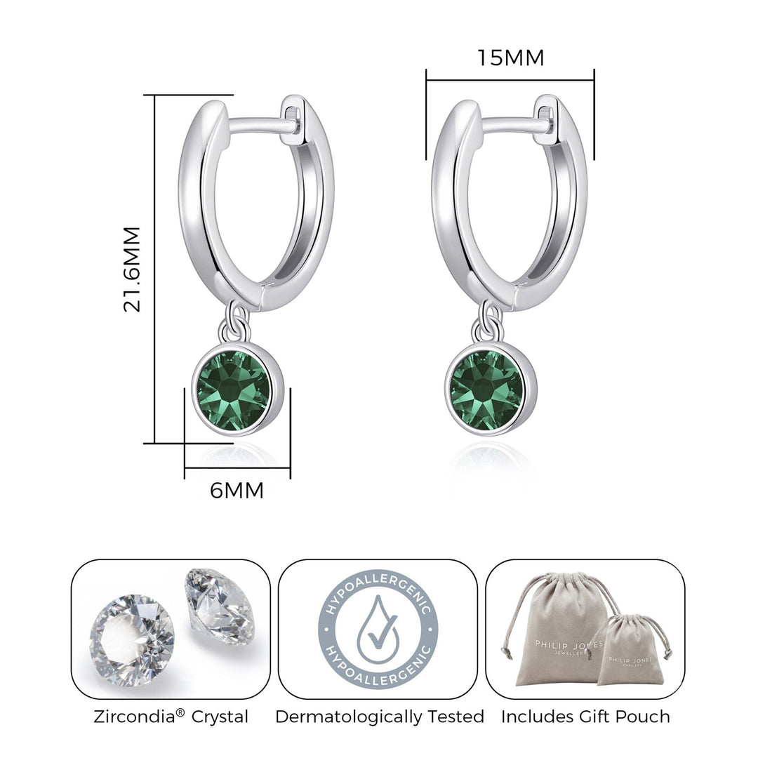 May Birthstone Hoop Earrings Created with Emerald Zircondia® Crystals - Philip Jones Jewellery