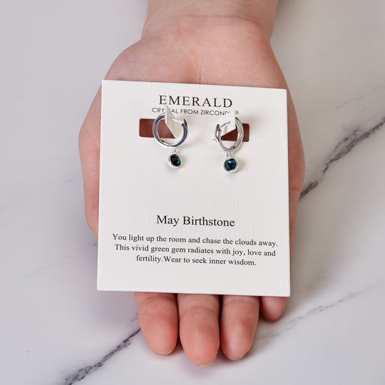 May Birthstone Hoop Earrings Created with Emerald Zircondia® Crystals - Philip Jones Jewellery