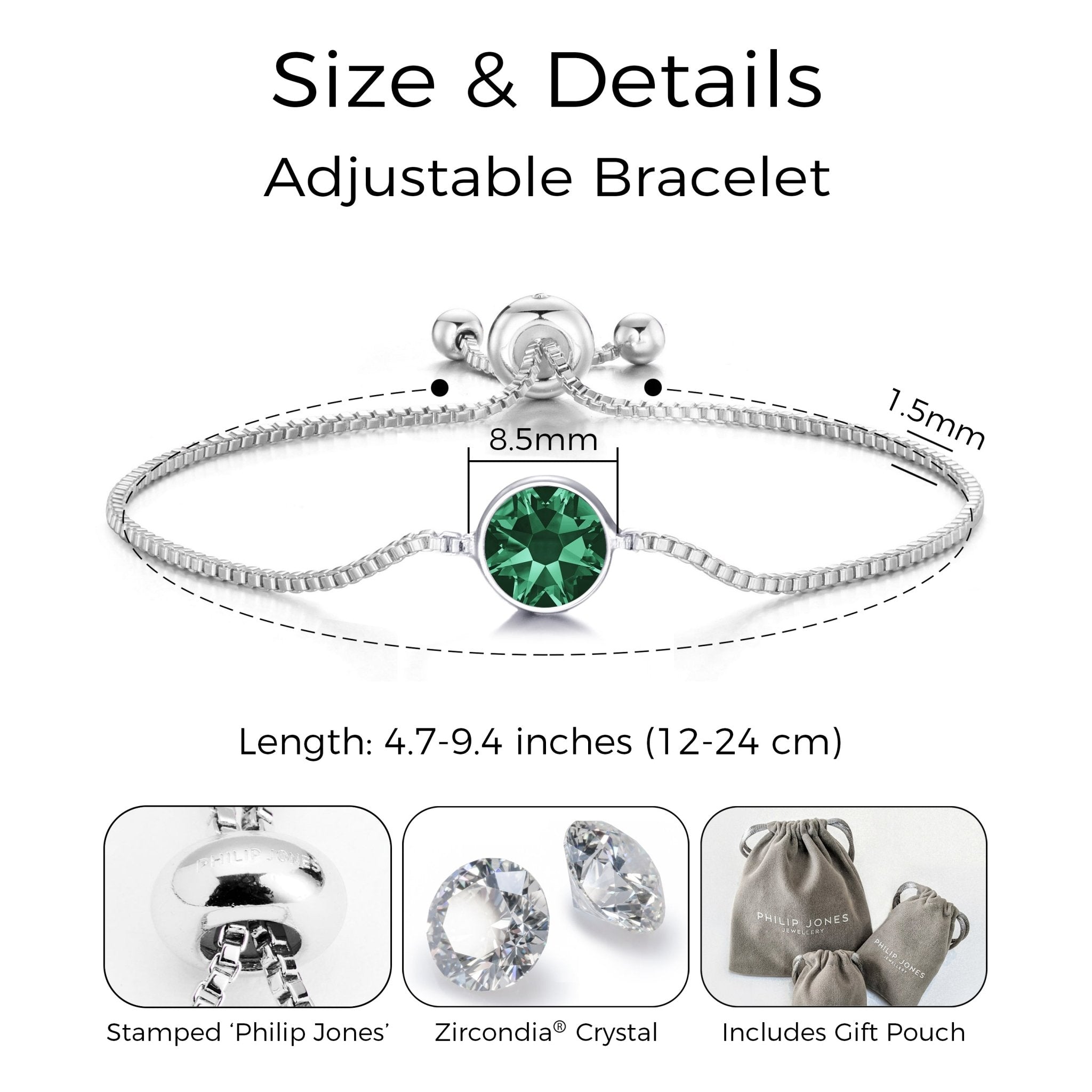 May (Emerald) Birthstone Bracelet Created with Zircondia® Crystals - Philip Jones Jewellery