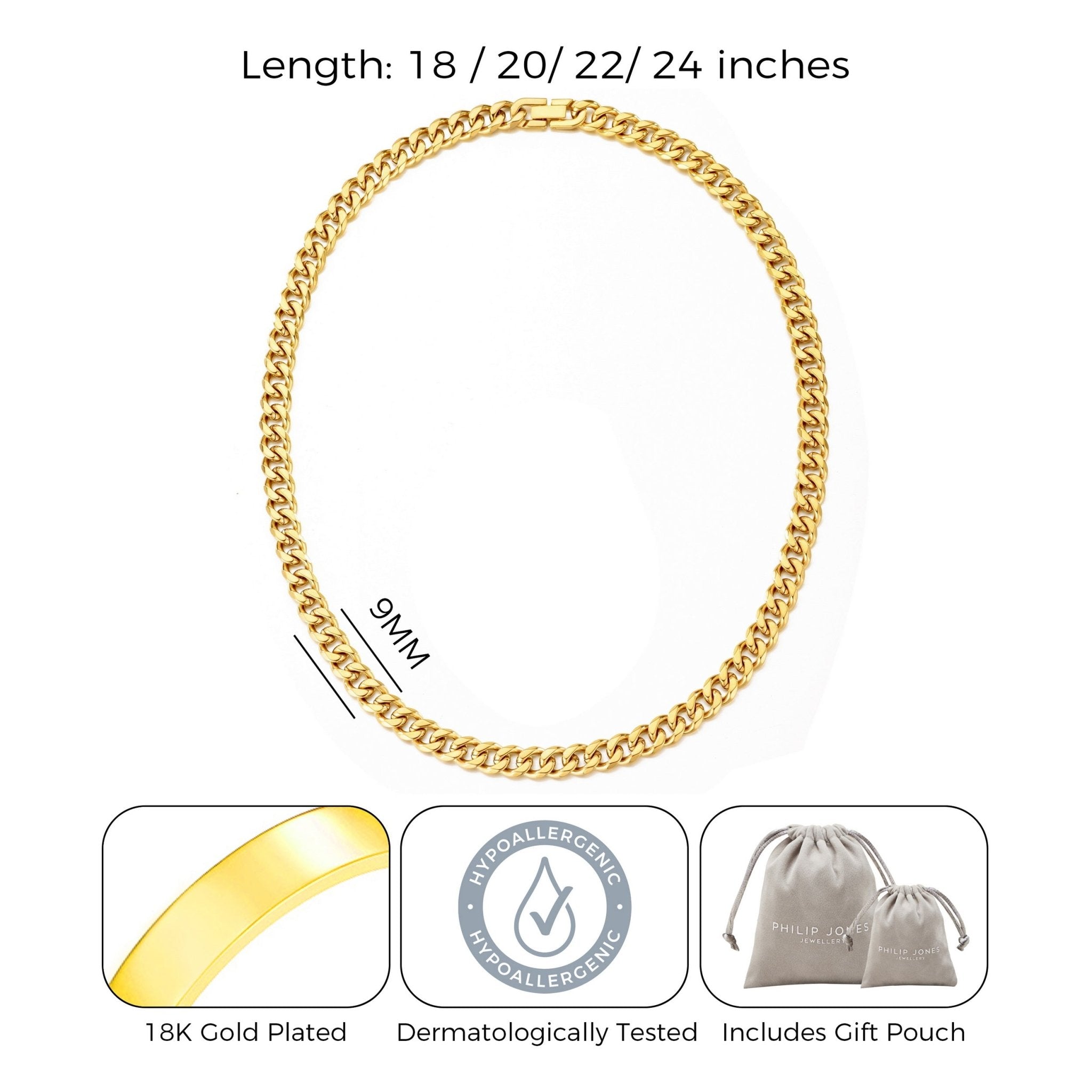 Men's 9mm Gold Plated Steel 18 - 24 Inch Cuban Curb Chain Necklace - Philip Jones Jewellery