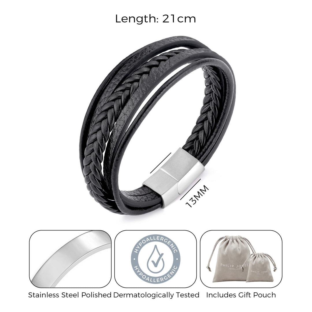 Men's Genuine Black Leather Bracelet with Stainless Steel Clasp - Philip Jones Jewellery
