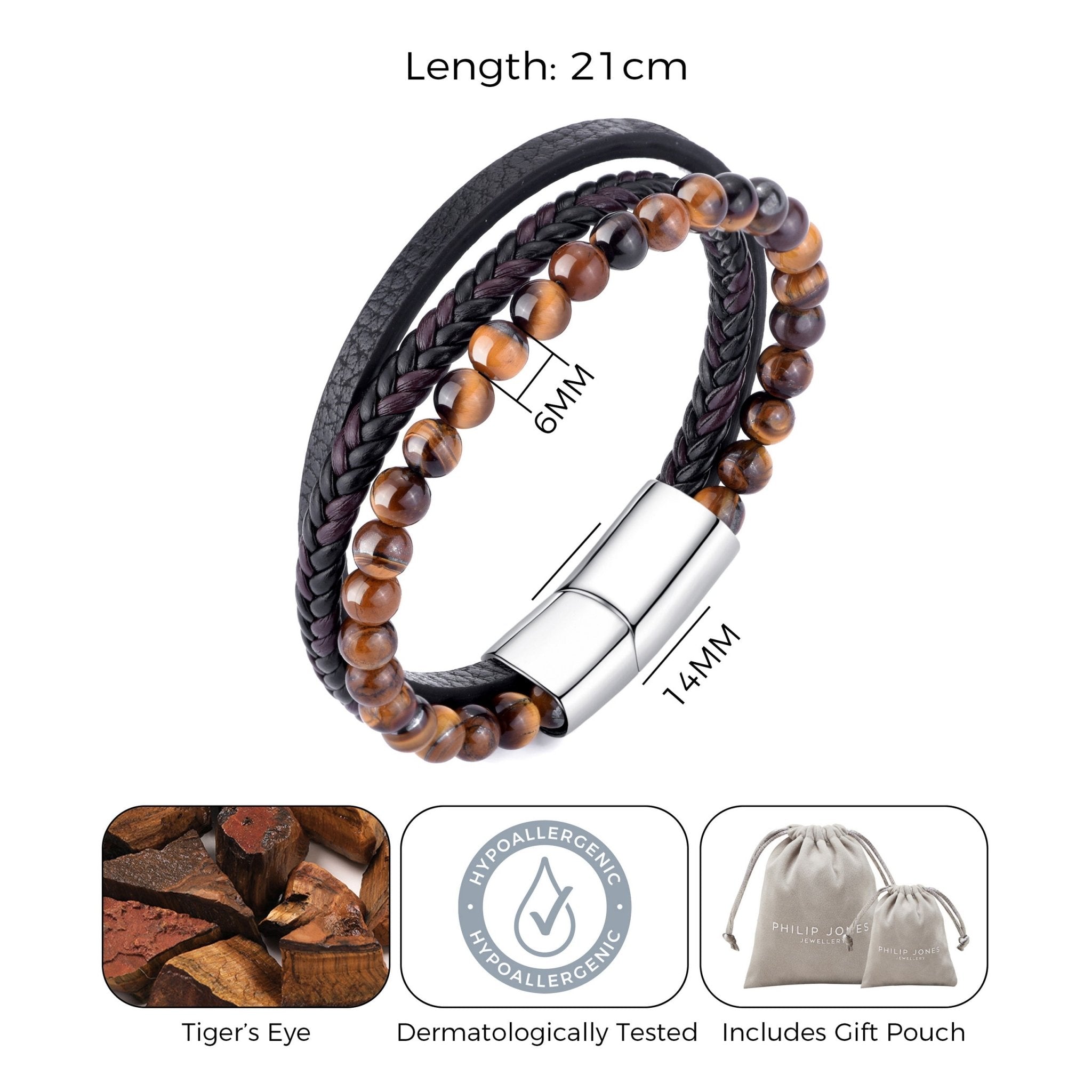 Men's Genuine Leather Tiger's Eye Bracelet - Philip Jones Jewellery