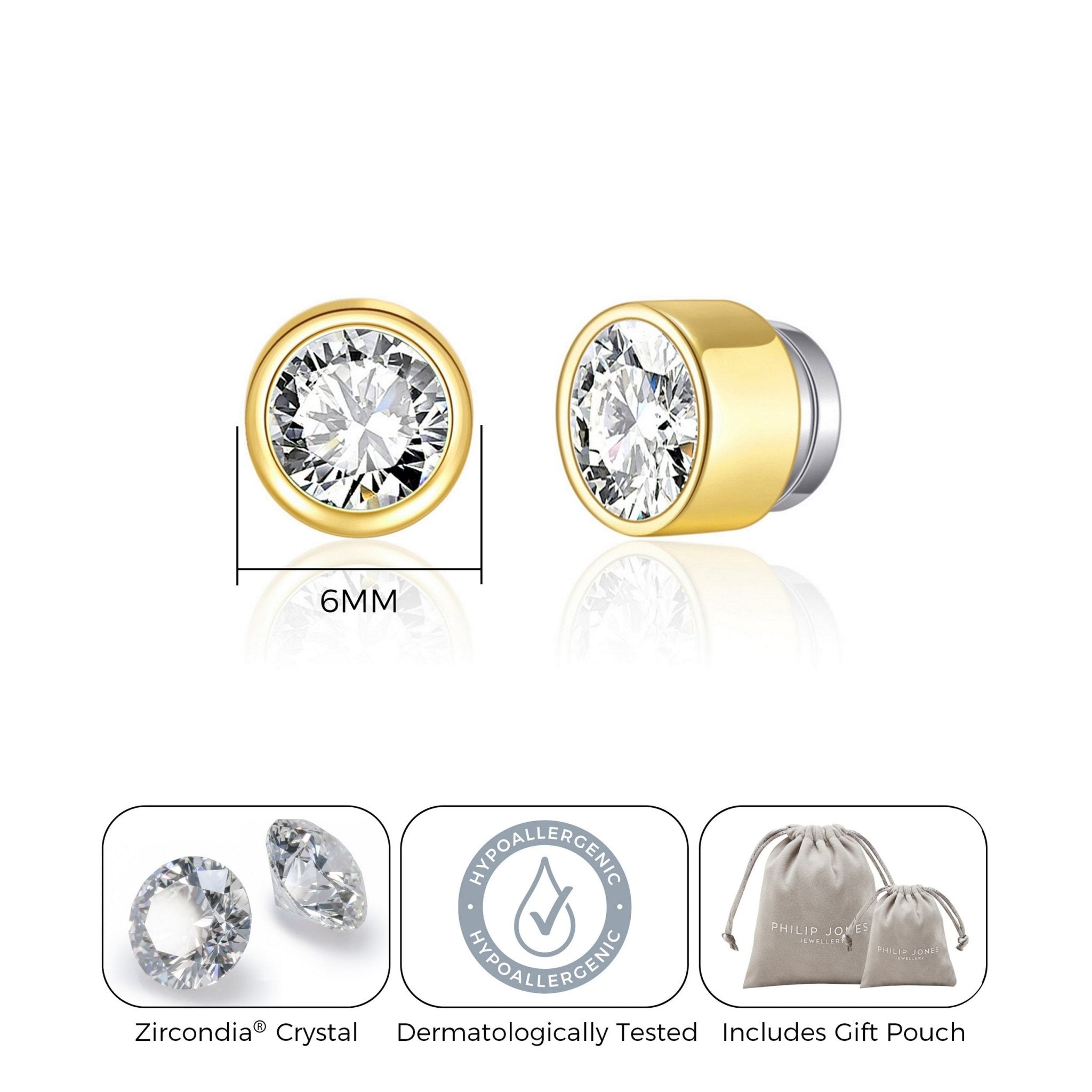 Men's Gold Plated 6mm Magnetic Clip On Earrings Created with Zircondia® Crystals - Philip Jones Jewellery