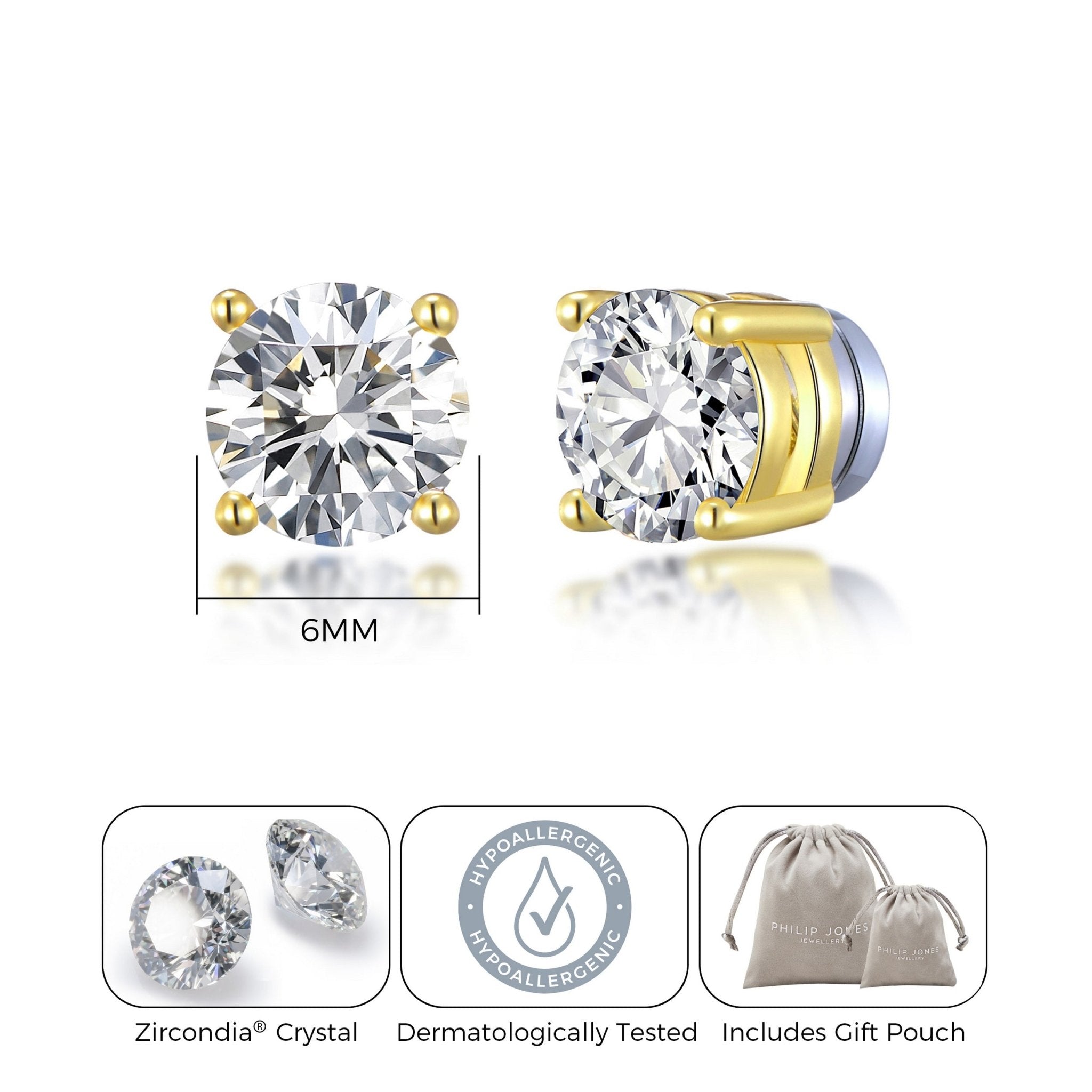 Men's Gold Plated Round Magnetic Clip On Stud Earrings Created with Zircondia® Crystals - Philip Jones Jewellery