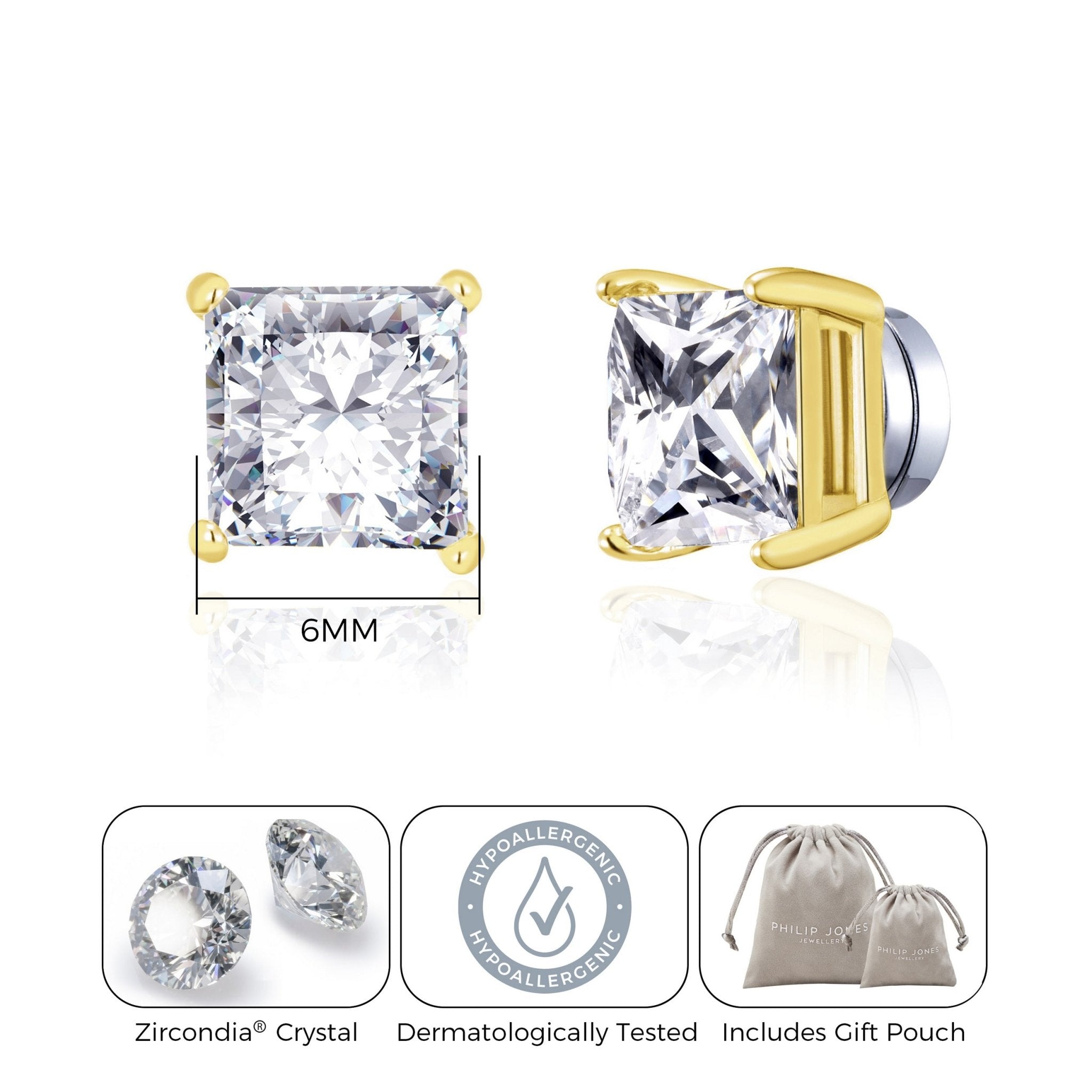 Men's Gold Plated Square Magnetic Clip On Stud Earrings Created with Zircondia® Crystals - Philip Jones Jewellery