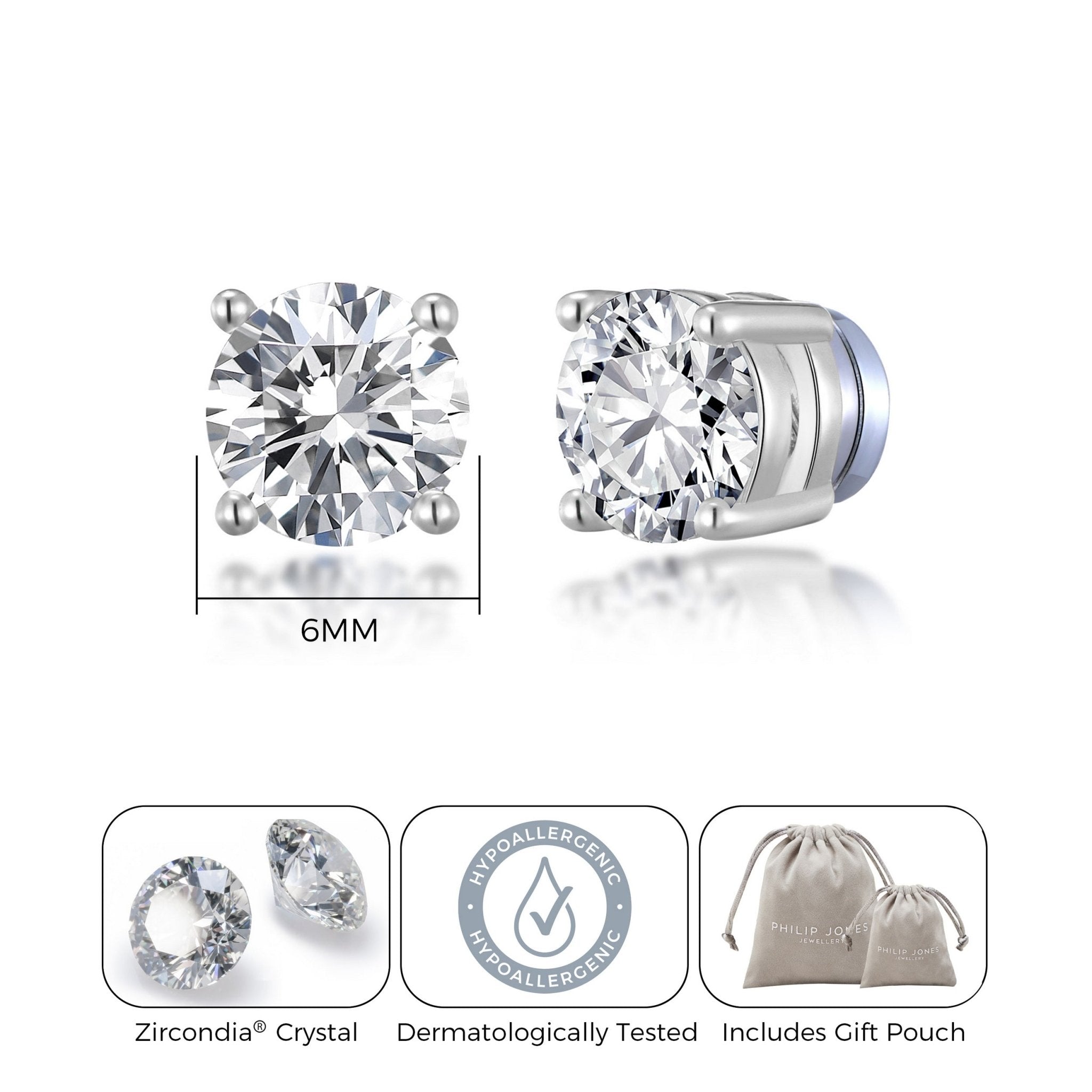 Men's Silver Plated Round Magnetic Clip On Stud Earrings Created with Zircondia® Crystals - Philip Jones Jewellery