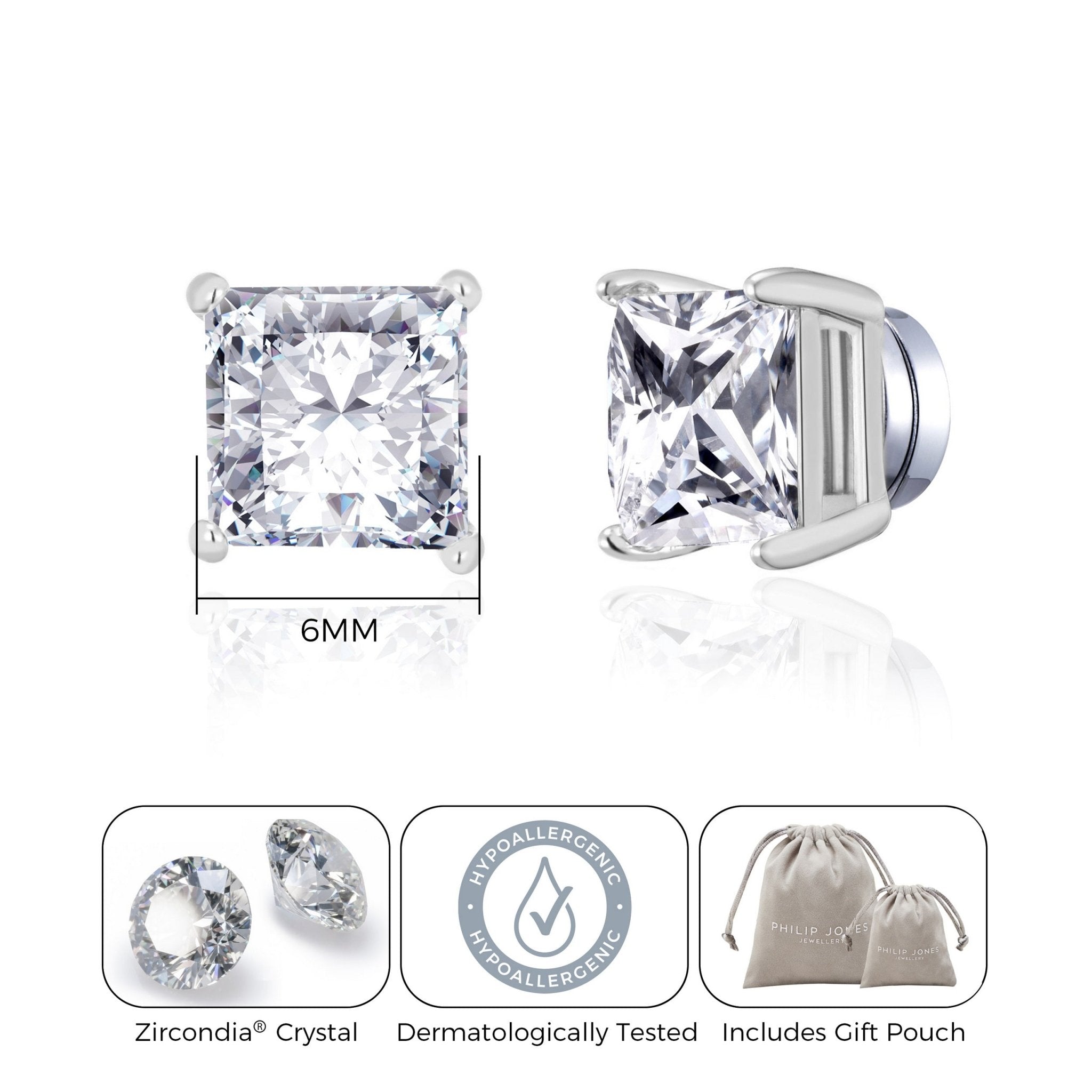 Men's Silver Plated Square Magnetic Clip On Stud Earrings Created with Zircondia® Crystals - Philip Jones Jewellery