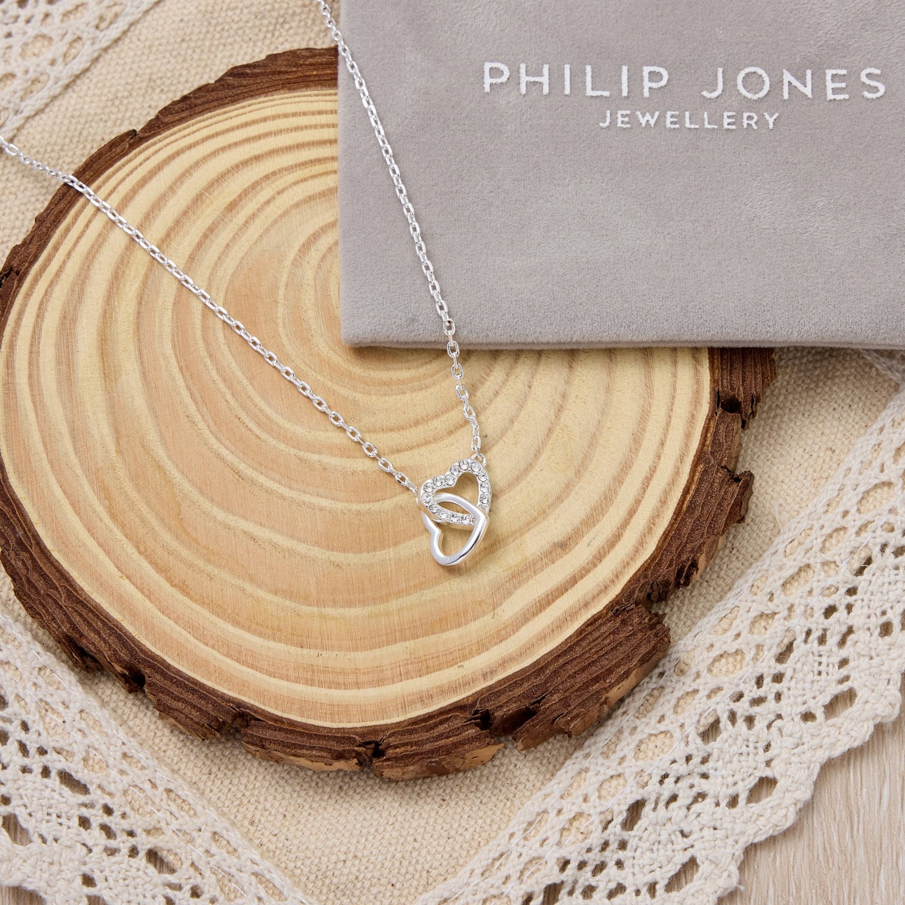 Philip Jones Silver Necklaces for Women 3 mother and daughter heart link necklace with quote card created with zircondia crystals 378267