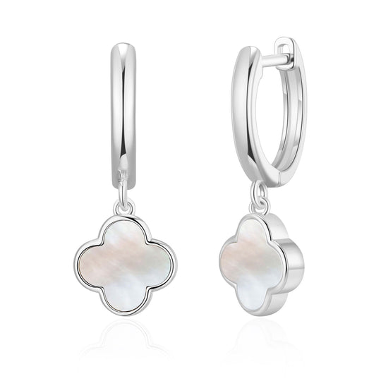 Mother of Pearl Gemstone Clover Charm Hoop Earrings - Philip Jones Jewellery