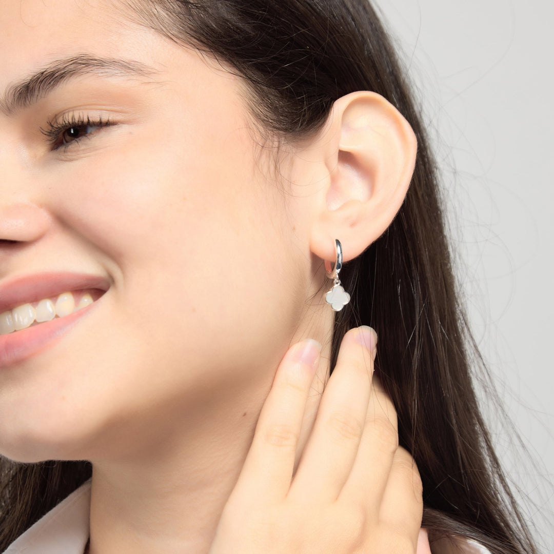 Mother of Pearl Gemstone Clover Charm Hoop Earrings