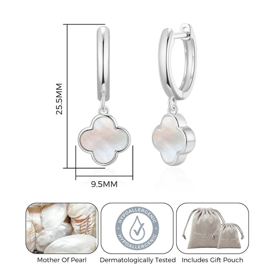 Mother of Pearl Gemstone Clover Charm Hoop Earrings - Philip Jones Jewellery