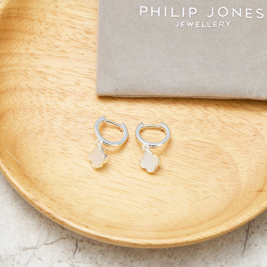 Mother of Pearl Gemstone Clover Charm Hoop Earrings - Philip Jones Jewellery