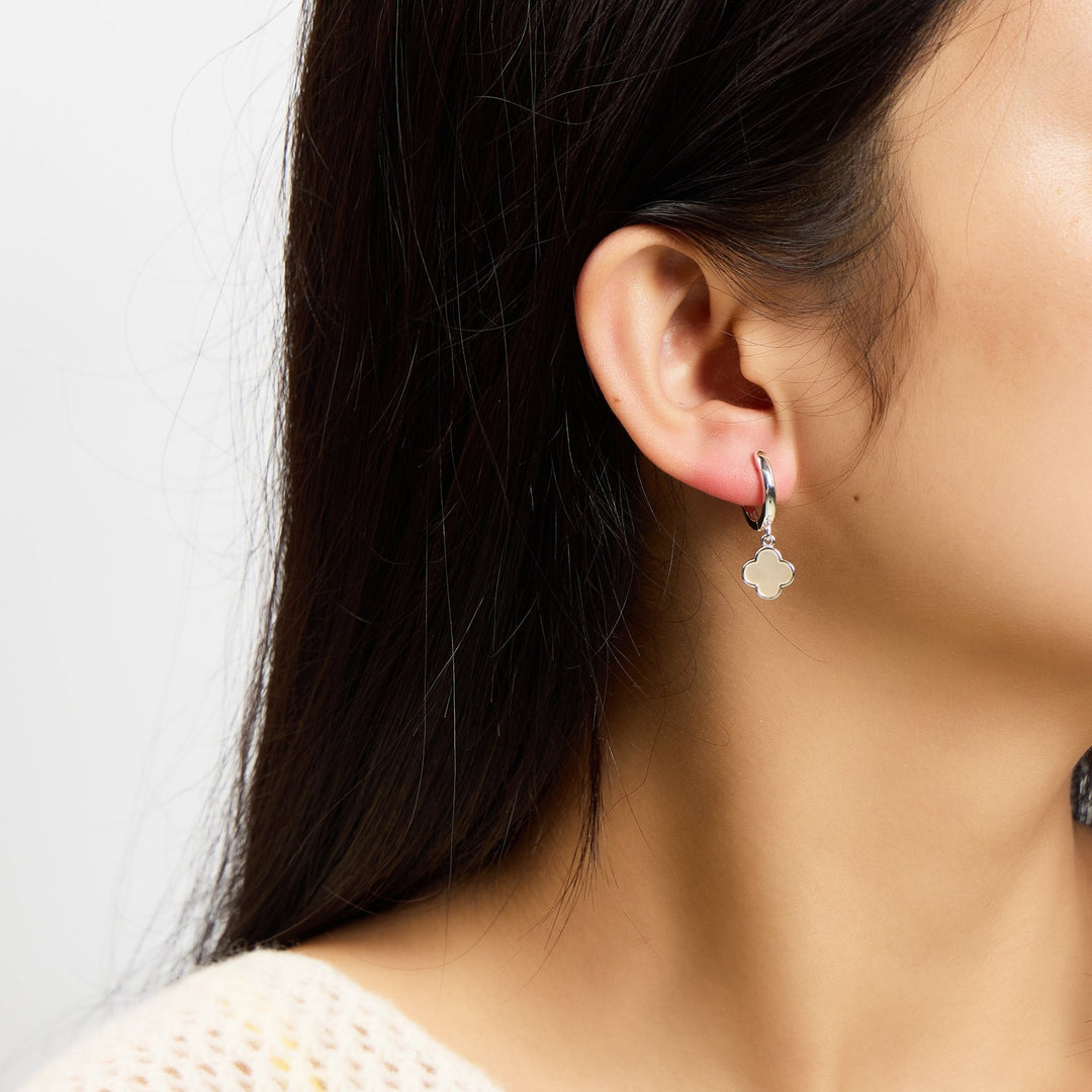 Mother of Pearl Gemstone Clover Charm Hoop Earrings - Philip Jones Jewellery
