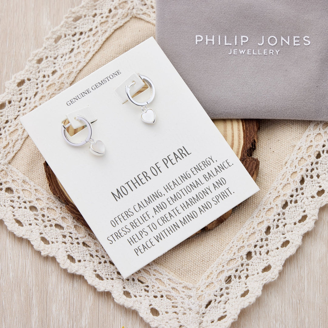Mother of Pearl Gemstone Heart Charm Hoop Earrings with Quote Card - Philip Jones Jewellery