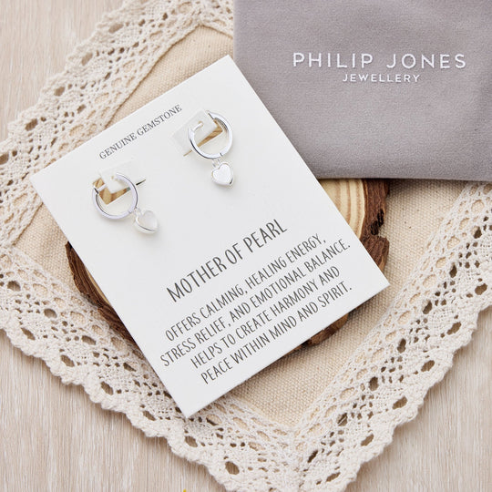 Mother of Pearl Gemstone Heart Charm Hoop Earrings with Quote Card - Philip Jones Jewellery