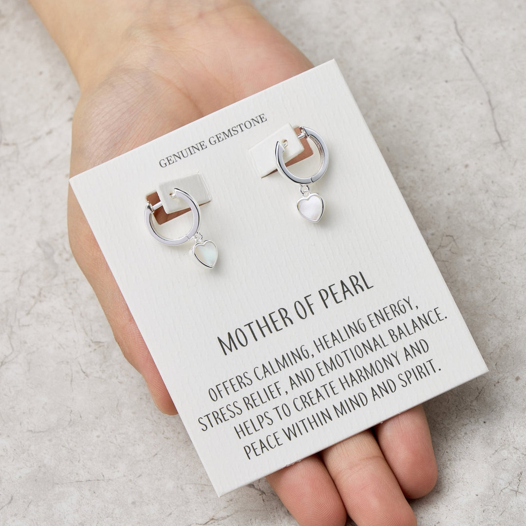 Mother of Pearl Gemstone Heart Charm Hoop Earrings with Quote Card - Philip Jones Jewellery