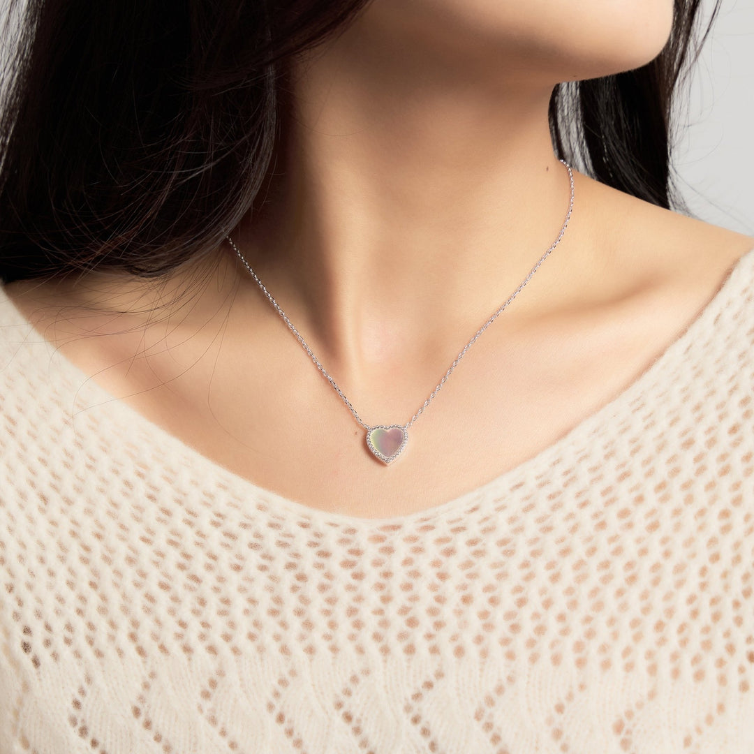 Mother of Pearl Gemstone Heart Necklace with Zircondia® Crystals