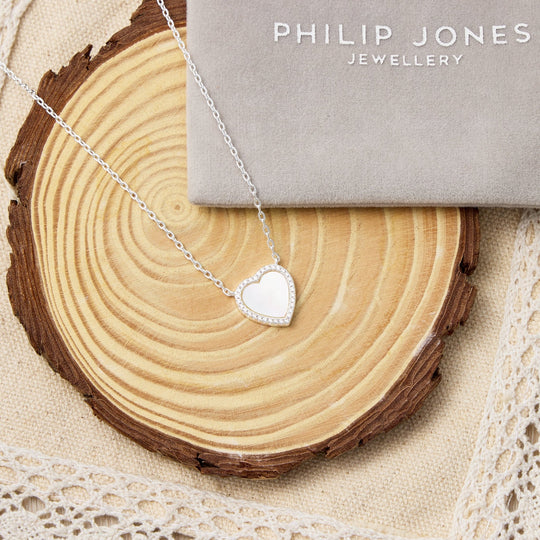 Mother of Pearl Gemstone Heart Necklace with Zircondia® Crystals