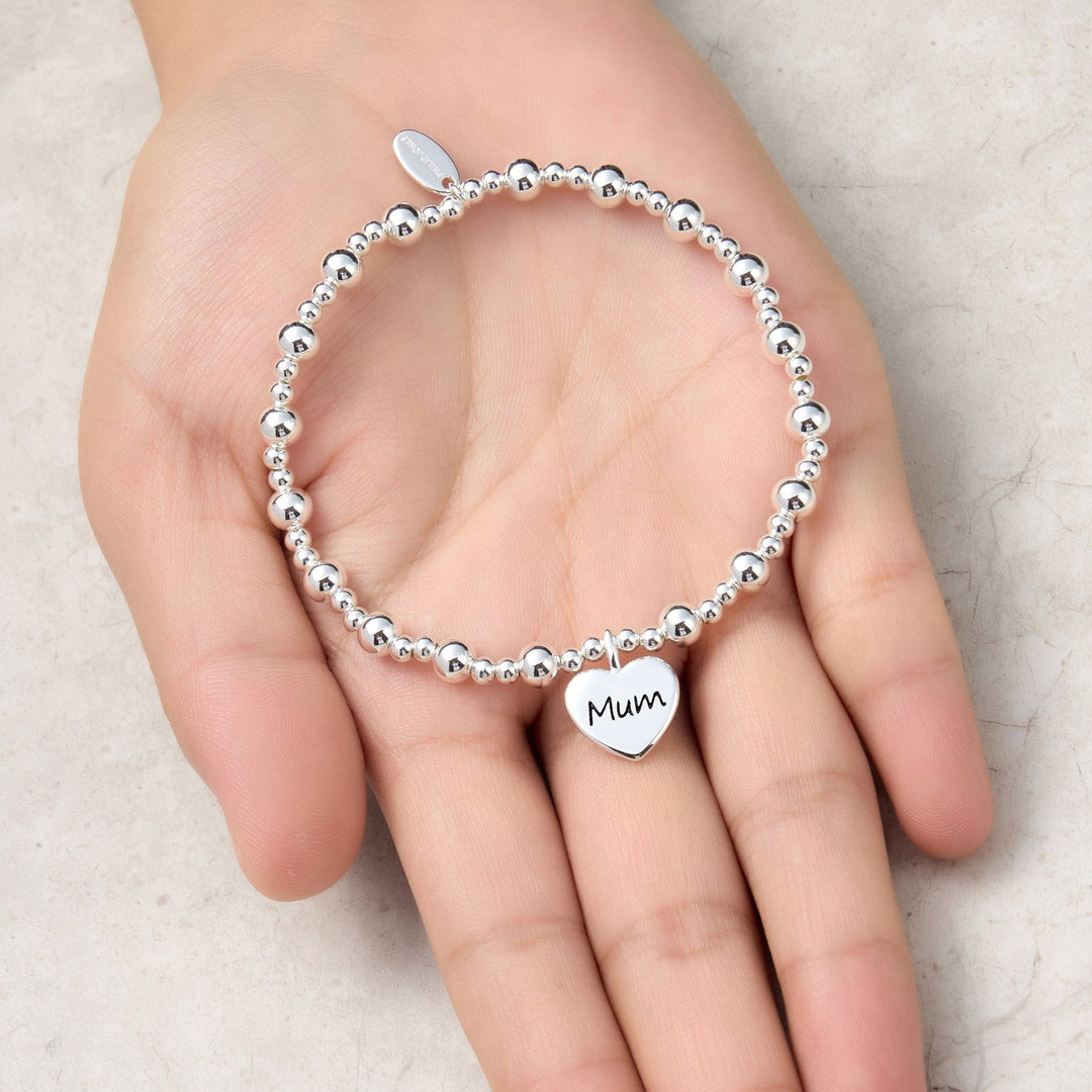 Mum Heart Charm Beaded Stretch Bracelet - Philip Jones Jewellery