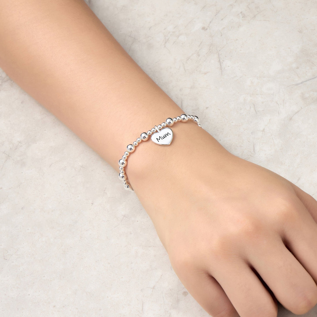 Mum Heart Charm Beaded Stretch Bracelet - Philip Jones Jewellery
