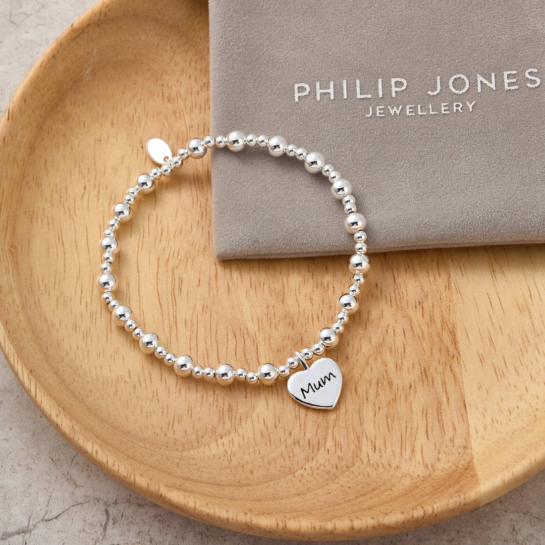 Mum Heart Charm Beaded Stretch Bracelet - Philip Jones Jewellery