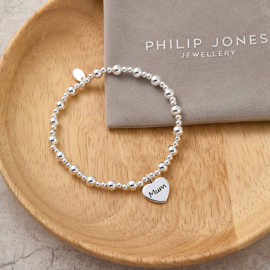 Mum Heart Charm Beaded Stretch Bracelet - Philip Jones Jewellery