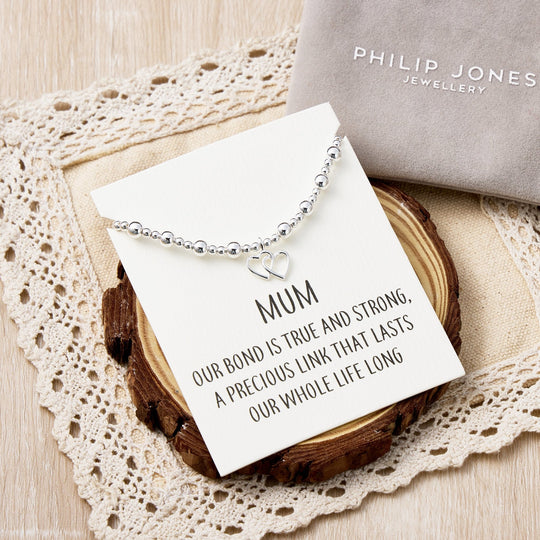 Mum Heart Link Beaded Stretch Bracelet with Quote Card - Philip Jones Jewellery