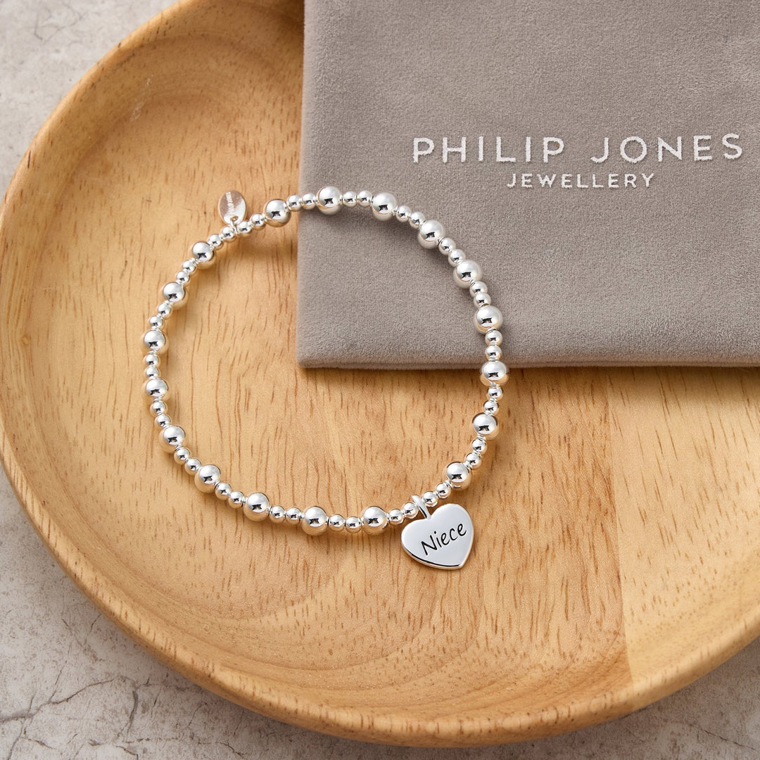 Niece Heart Charm Beaded Stretch Bracelet - Philip Jones Jewellery