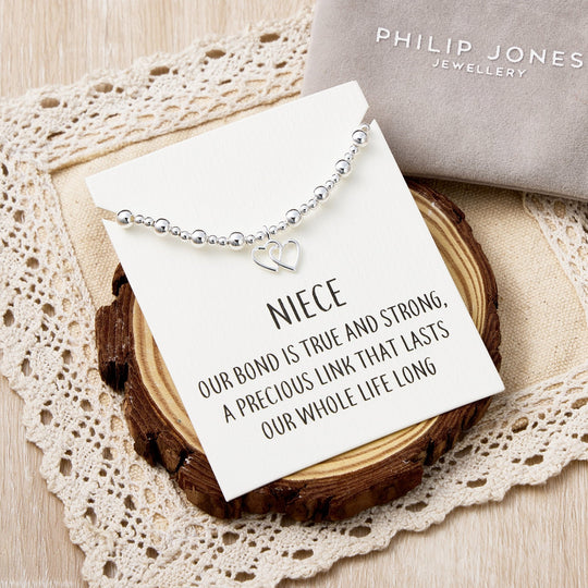 Niece Heart Link Beaded Stretch Bracelet with Quote Card - Philip Jones Jewellery