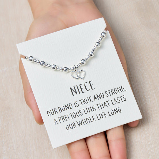 Niece Heart Link Beaded Stretch Bracelet with Quote Card - Philip Jones Jewellery