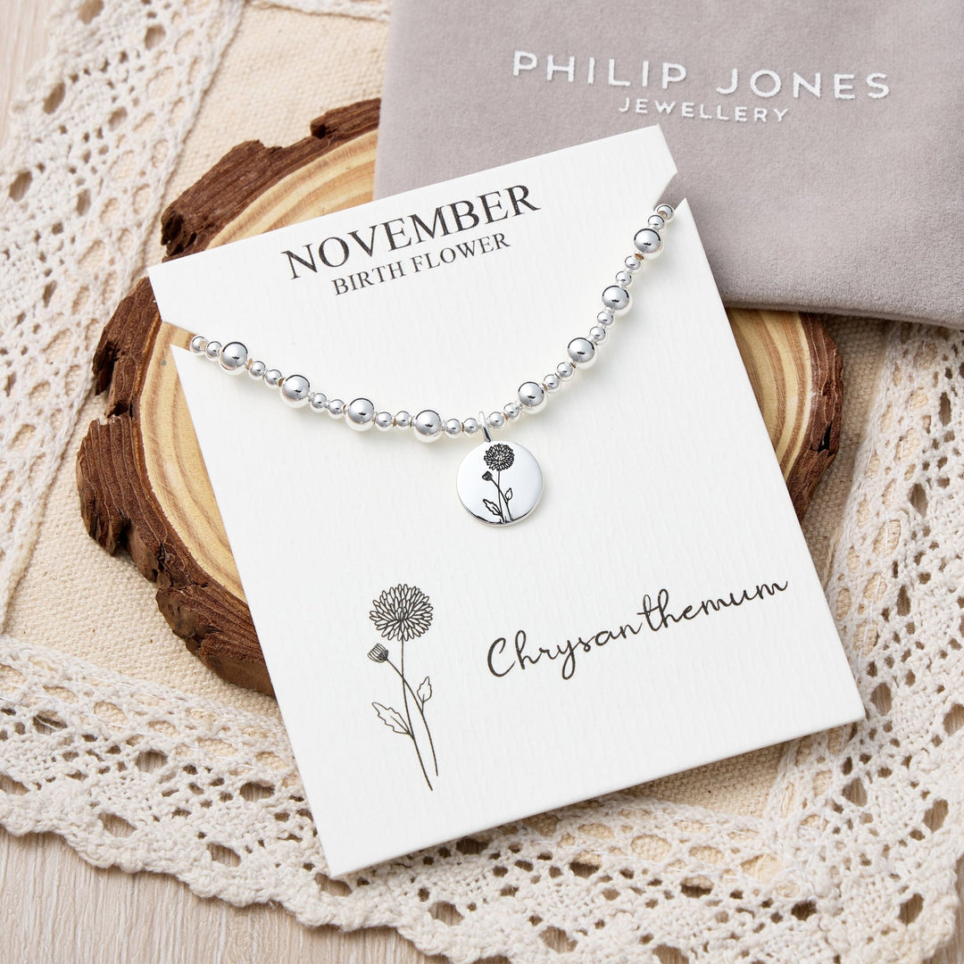 November Birth Flower Chrysanthemum Beaded Stretch Bracelet