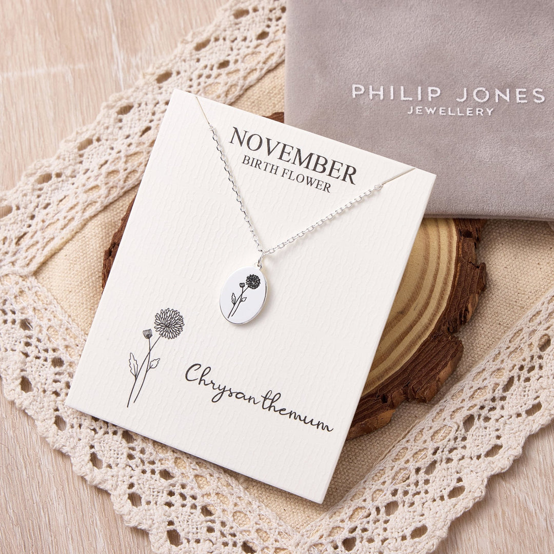 November Birth Flower Chrysanthemum Necklace with Card - Philip Jones Jewellery