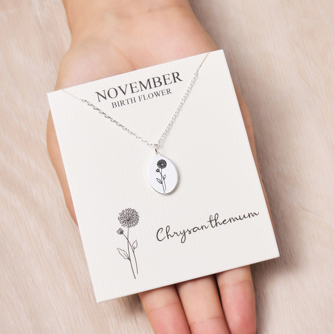 November Birth Flower Chrysanthemum Necklace with Card - Philip Jones Jewellery