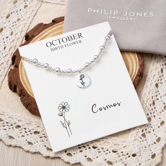 October Birth Flower Cosmos Beaded Stretch Bracelet